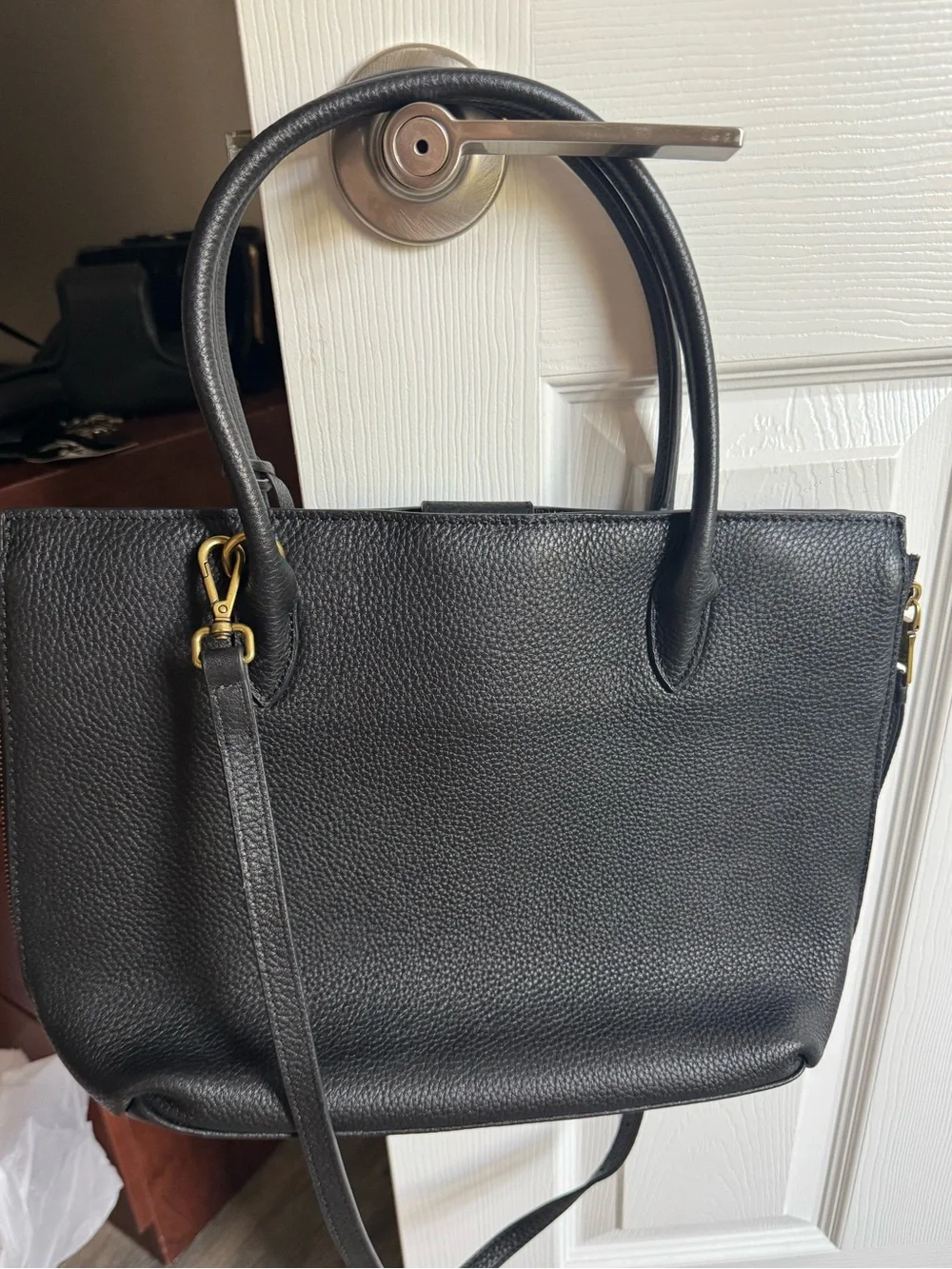 Prada Vitello Phenix Leather Double Handle Tote Black Gold Hardware